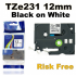 Tze231 Brother Ptouch Label Tape 12mm Black on white compatible 